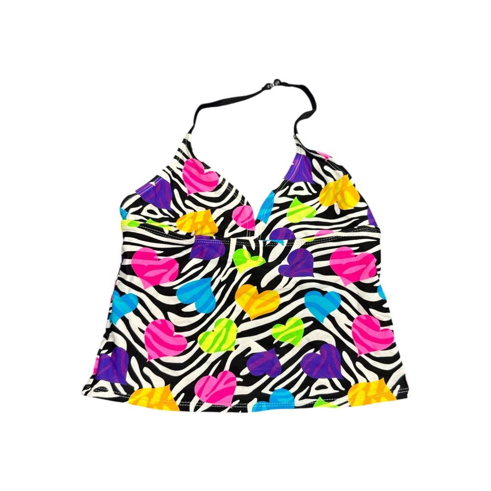 Y2K Zebra Neon Heart Tankini Top‎ Halter Swimwear Multi Color Size Large 10-12